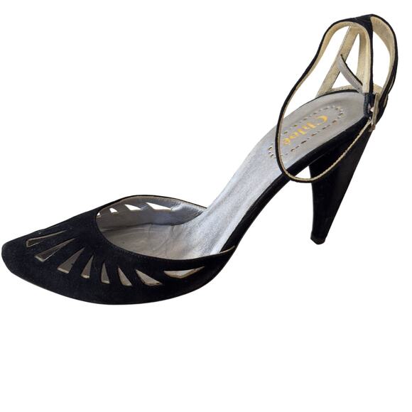 Chloé Vintage Black Suede Heels Cutout Design Strappy Size 38.5 - Picture 1 of 4